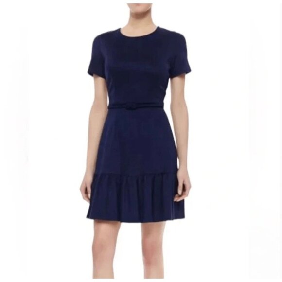 Shoshanna Navy Short Sleeve Ruffle hem belted sheath Dress, Size 6 O40 - Picture 1 of 8